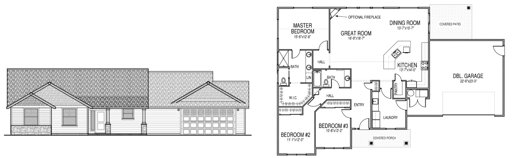 Commonwealth 2 single story home floor plan with a master bedroom with a walk in closet and bathroom, 2 additional bedrooms, another bathroom, a great room, dining room, kitchen, pantry, laundry room, double garage, and a covered porch and patio