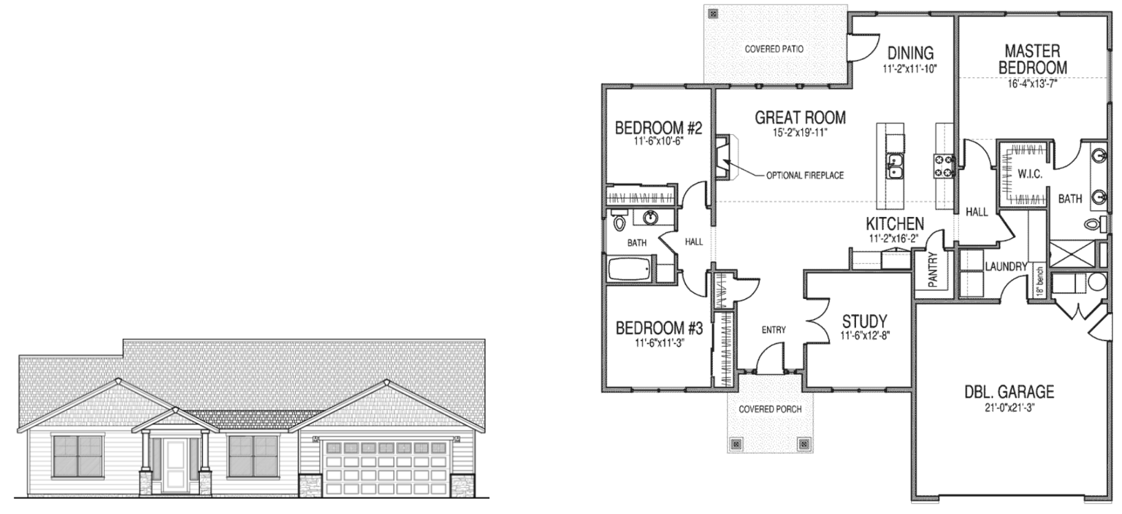 Lincoln 1 single story home floor plan with a master bedroom with a walk in closet and bathroom, 2 additional bedrooms, another bathroom, a great room, dining room, kitchen, pantry, laundry room, study, double garage, and a covered porch and patio