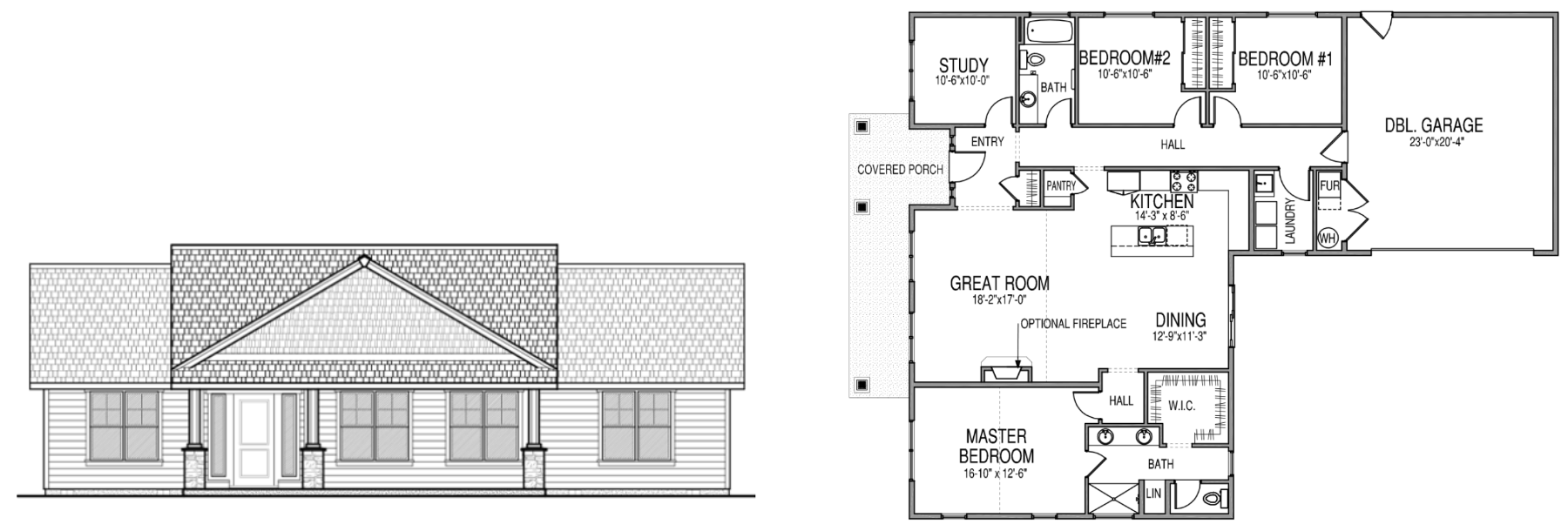 Madison single story home floor plan with a master bedroom with a walk in closet and bathroom, 2 additional bedrooms, another bathroom, a great room, dining space, kitchen, pantry, laundry room, study, double garage, and a covered porch and patio