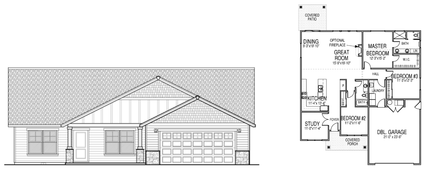 Revolution single story home floor plan with a master bedroom with a walk in closet and bathroom, 2 additional bedrooms, another bathroom, a great room, dining space, kitchen, pantry, laundry room, study, double garage, and a covered porch and patio